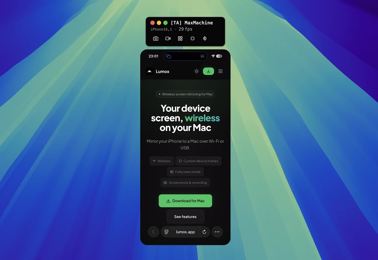 Wireless device mirroring in Lumox
